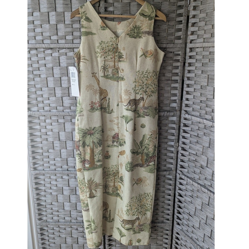 Vtg Safari Print Beaded Midi Sheath‎ Dress Linen Blend Beige 10 Statement Resort - Picture 2 of 8
